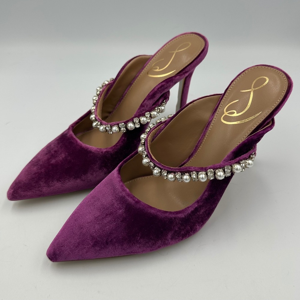 Sam Edelman Hyland Velvet Mule Heels 6.5 Purple Pearl Crystal Strap Glam Y2K NIB - Picture 12 of 16